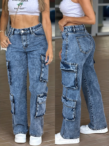 Women's High-Waist Straight Leg Jeans - Light Blue Pocket Detail Stretch All-Season detail view