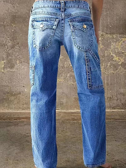 Women's High-Waist Straight Leg Jeans - Light Blue Pocket Detail Stretch Weekend detail view