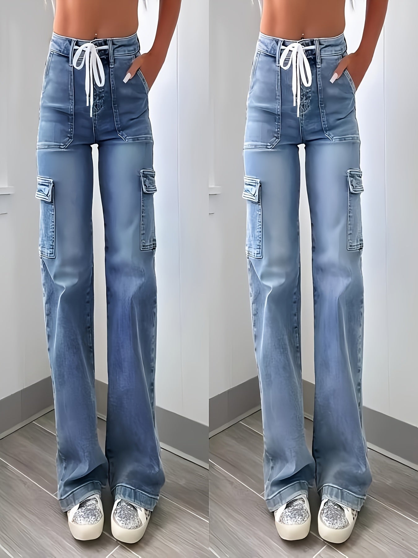 Women's High-Waist Straight Leg Jeans - Light Blue Vintage Wash Pocket Detail detail view