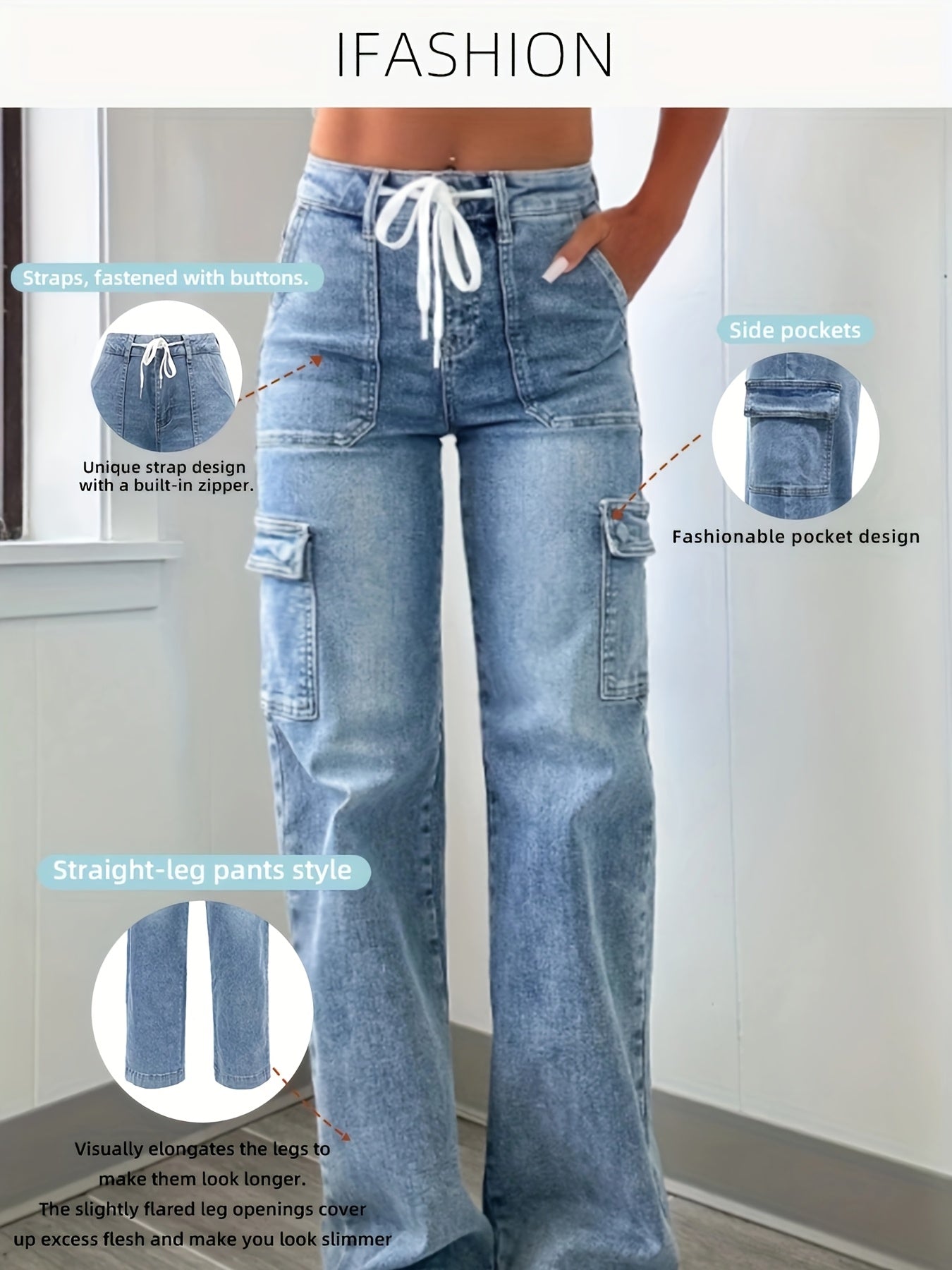 Women's High-Waist Straight Leg Jeans - Light Blue Vintage Wash Pocket Detail detail view