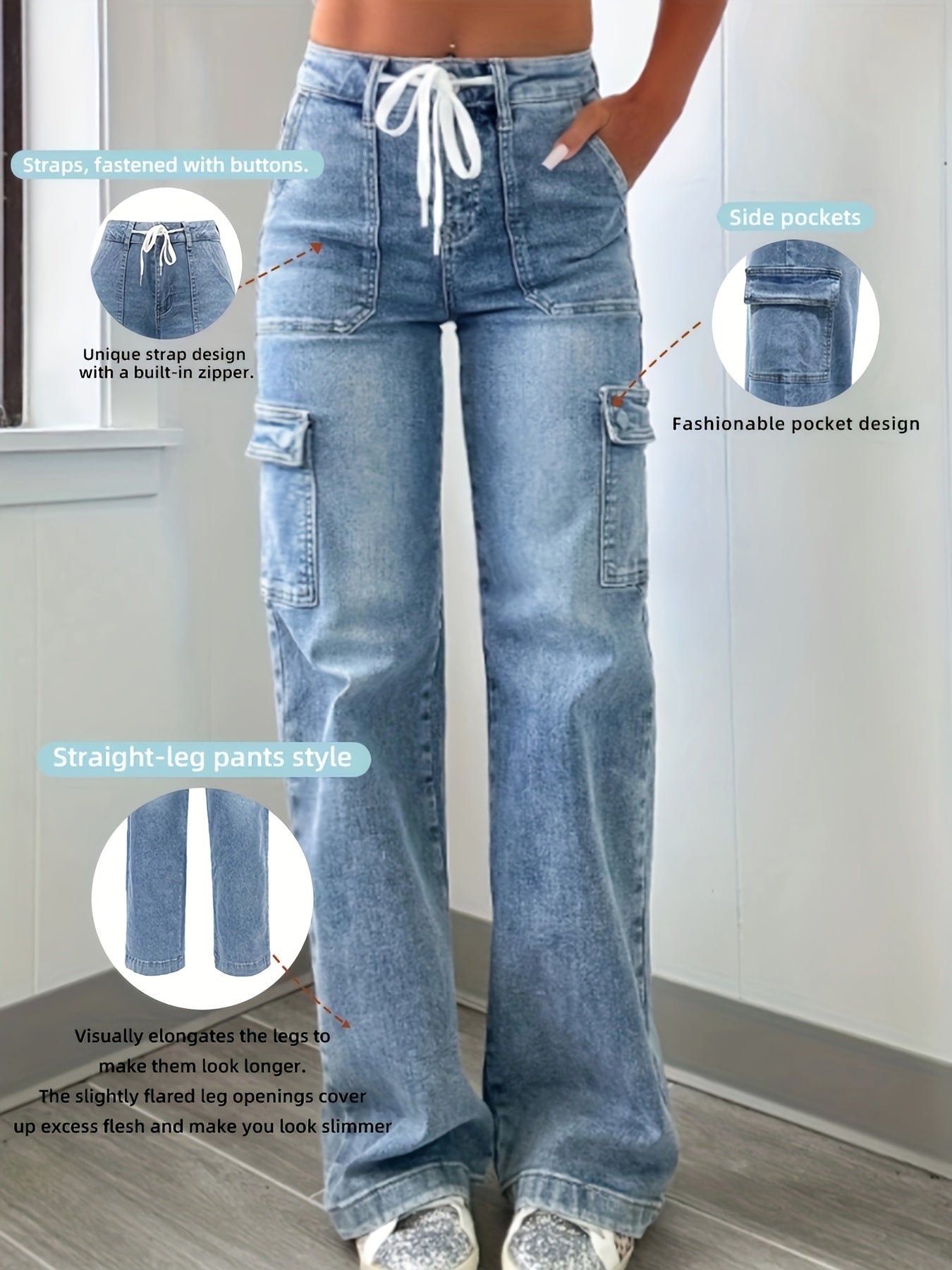 Women's High-Waist Straight Leg Jeans - Light Blue Vintage Wash Pocket Detail detail view
