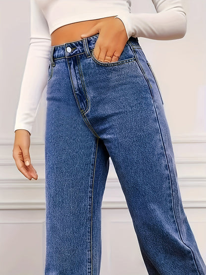Women's High-Waist Straight Leg Jeans - Medium Blue Button Detail – view 12
