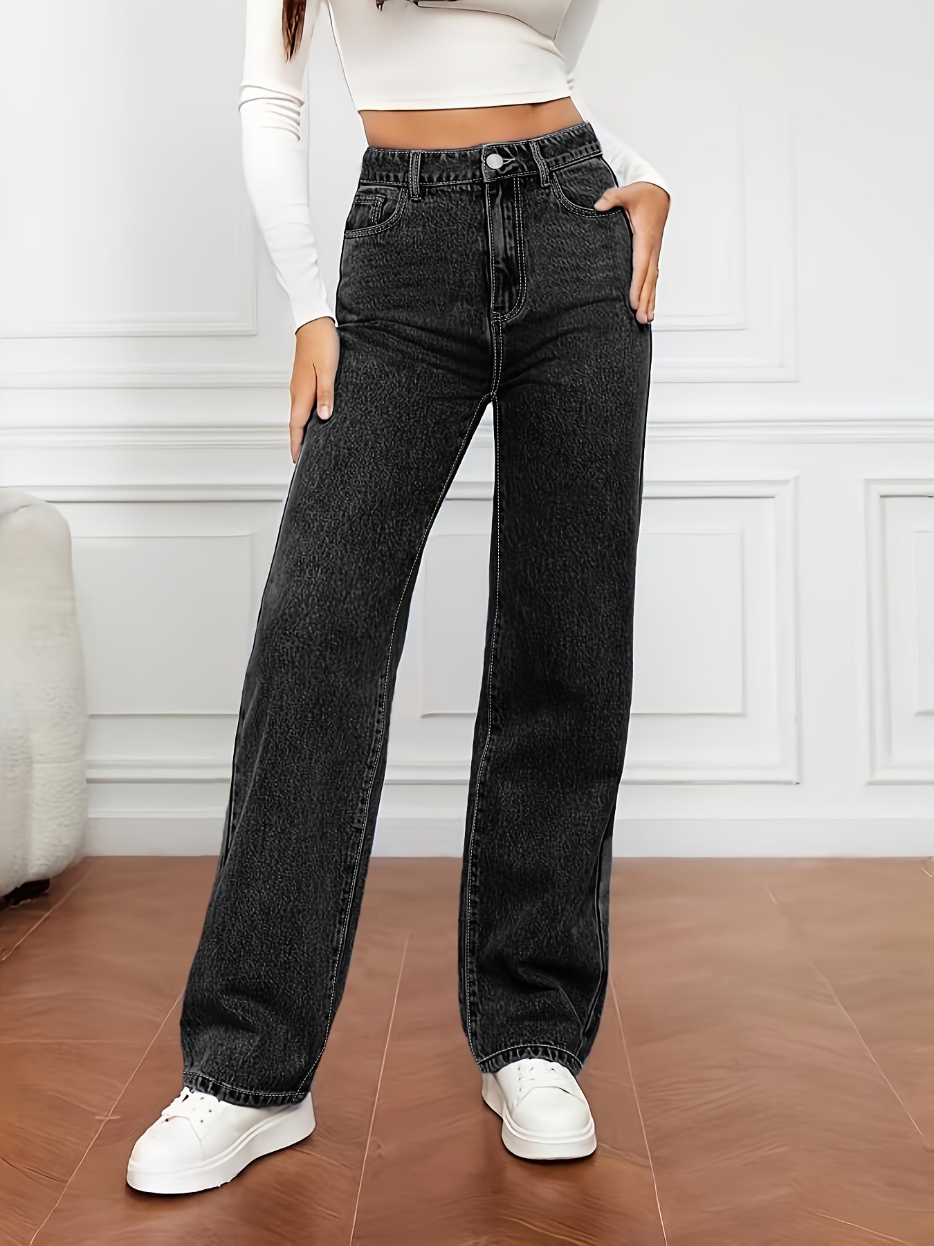 Women's High-Waist Straight Leg Jeans - Medium Blue Button Detail – view 13