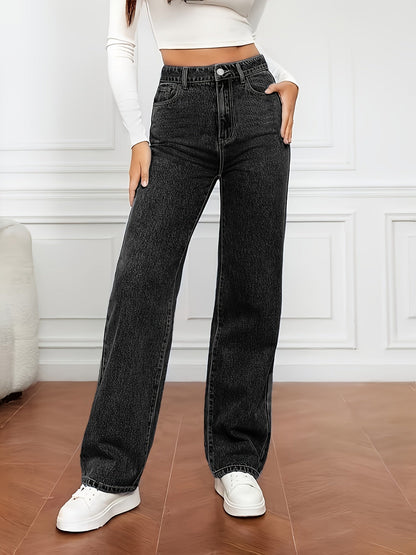 Women's High-Waist Straight Leg Jeans - Medium Blue Button Detail – view 13