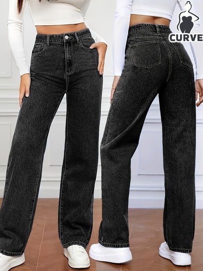 Women's High-Waist Straight Leg Jeans - Medium Blue Button Detail – view 14