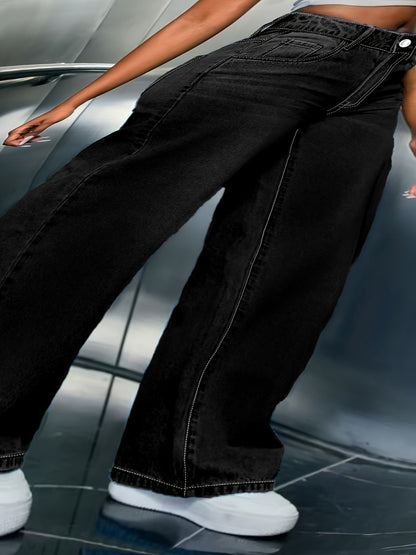 Women's High-Waist Straight Leg Jeans - Medium Blue Button Detail detail view