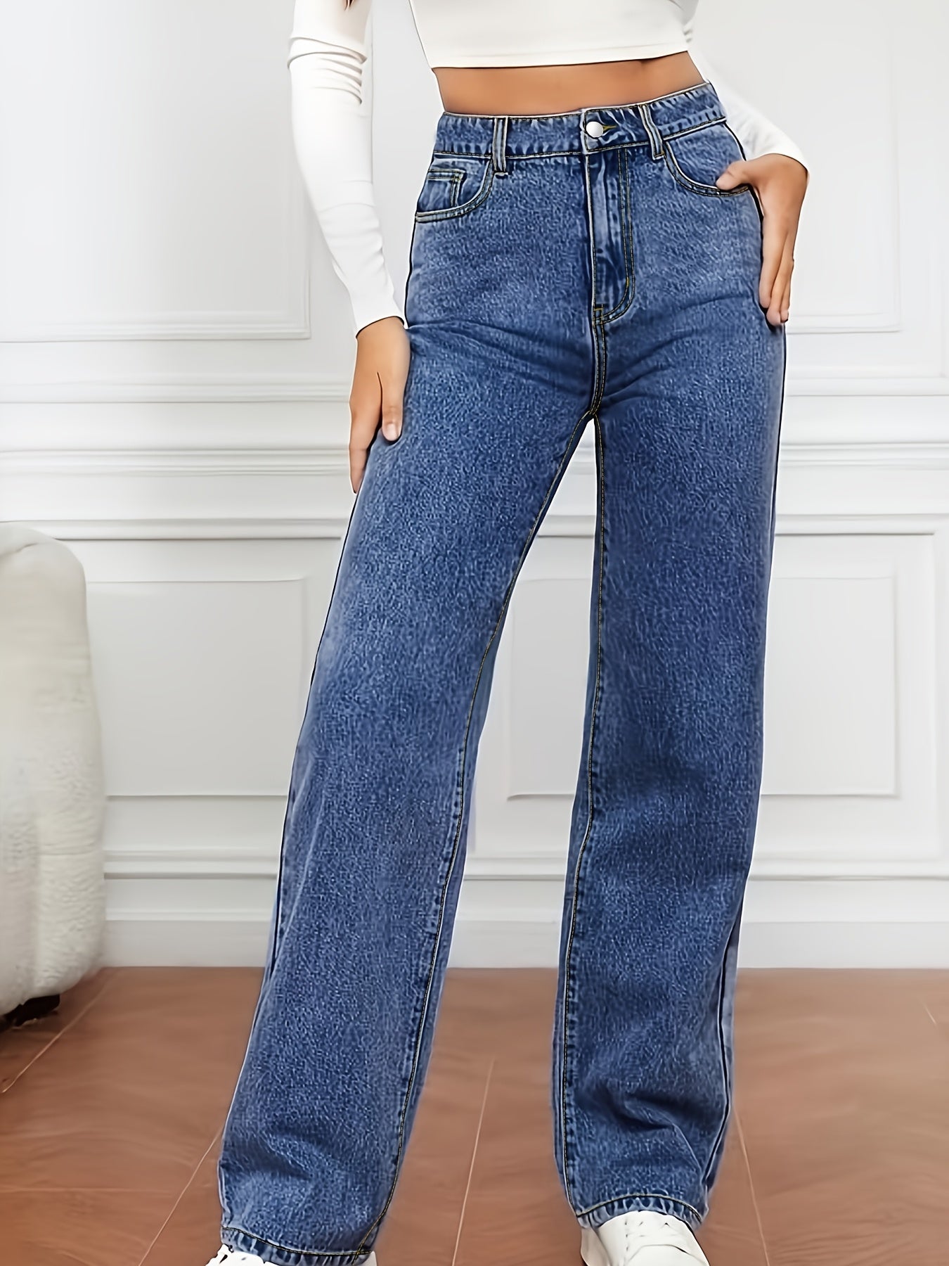 Women's High-Waist Straight Leg Jeans - Medium Blue Button Detail – Blue option – view 3