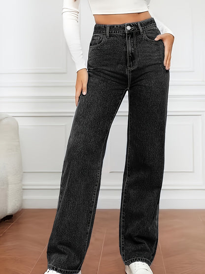 Women's High-Waist Straight Leg Jeans - Medium Blue Button Detail detail view