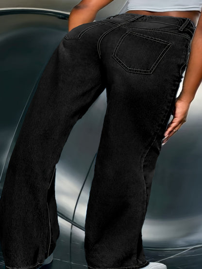 Women's High-Waist Straight Leg Jeans - Medium Blue Button Detail detail view