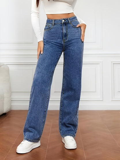 Women's High-Waist Straight Leg Jeans - Medium Blue Button Detail detail view