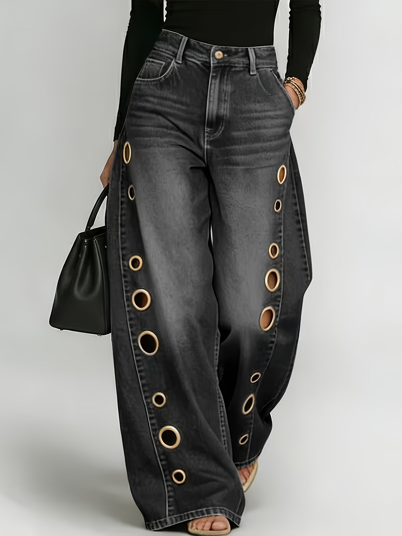 Women's High-Waist Wide Leg Jeans - Black – Black option – main product image