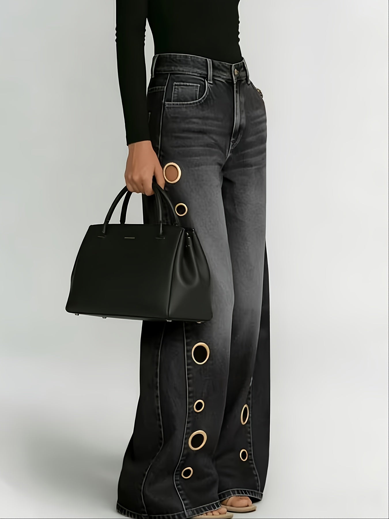 Women's High-Waist Wide Leg Jeans - Black detail view