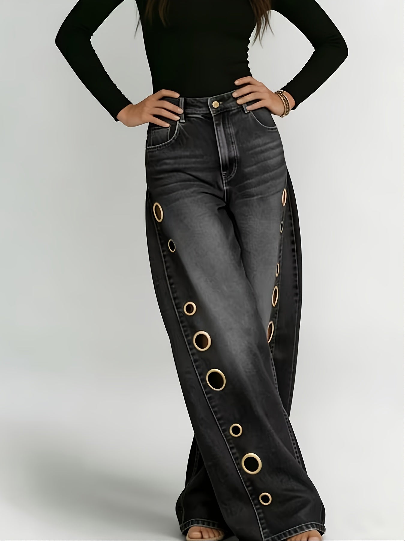 Women's High-Waist Wide Leg Jeans - Black detail view