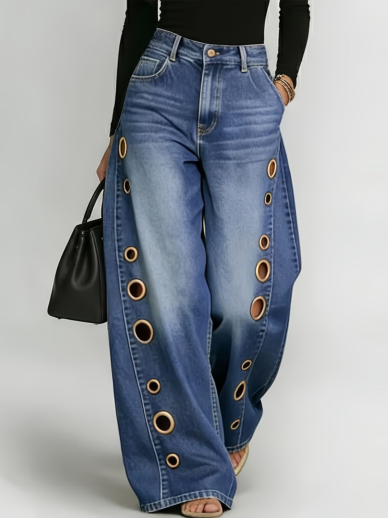 Women's High-Waist Wide Leg Jeans - Black detail view