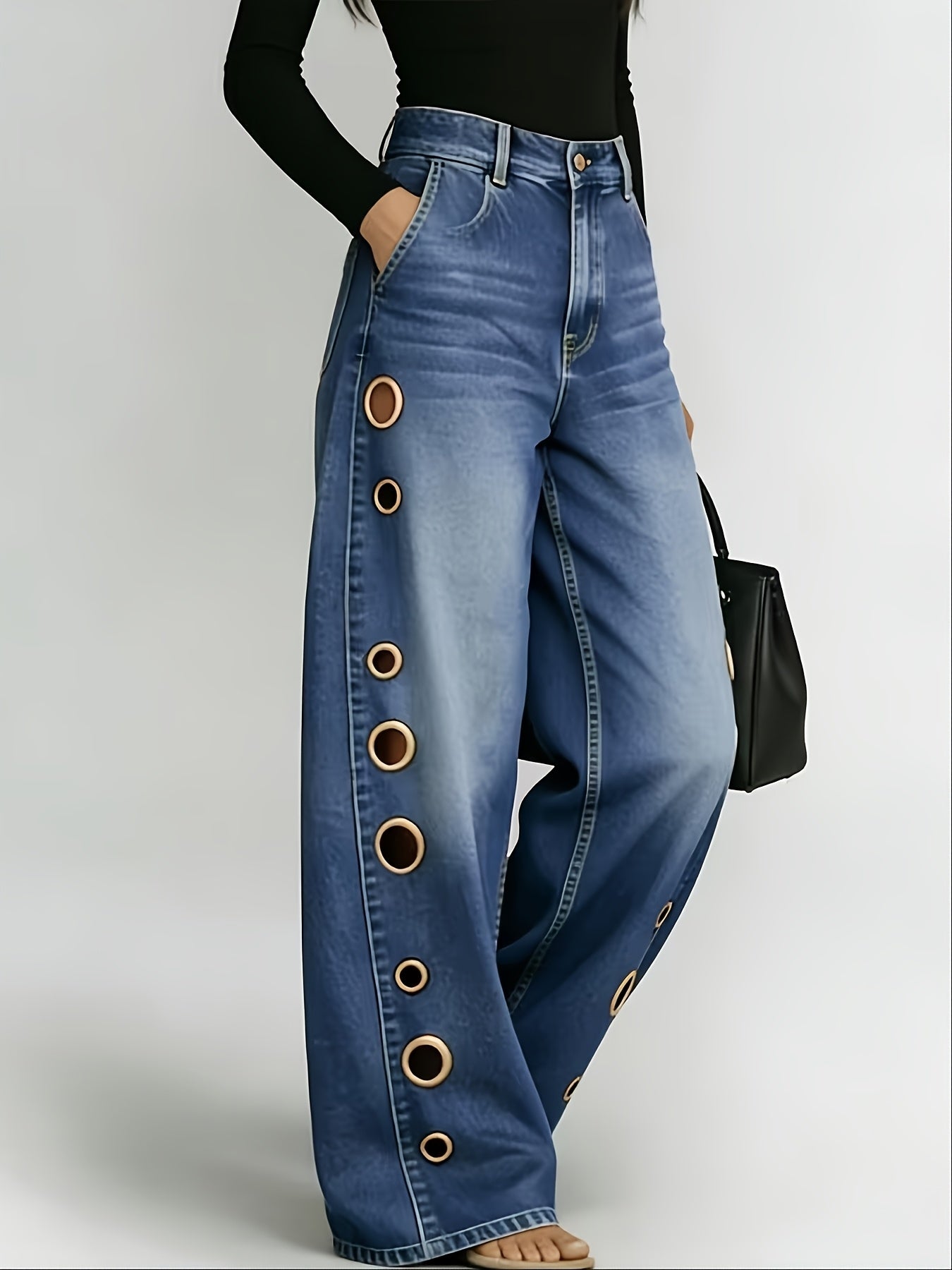 Women's High-Waist Wide Leg Jeans - Black detail view