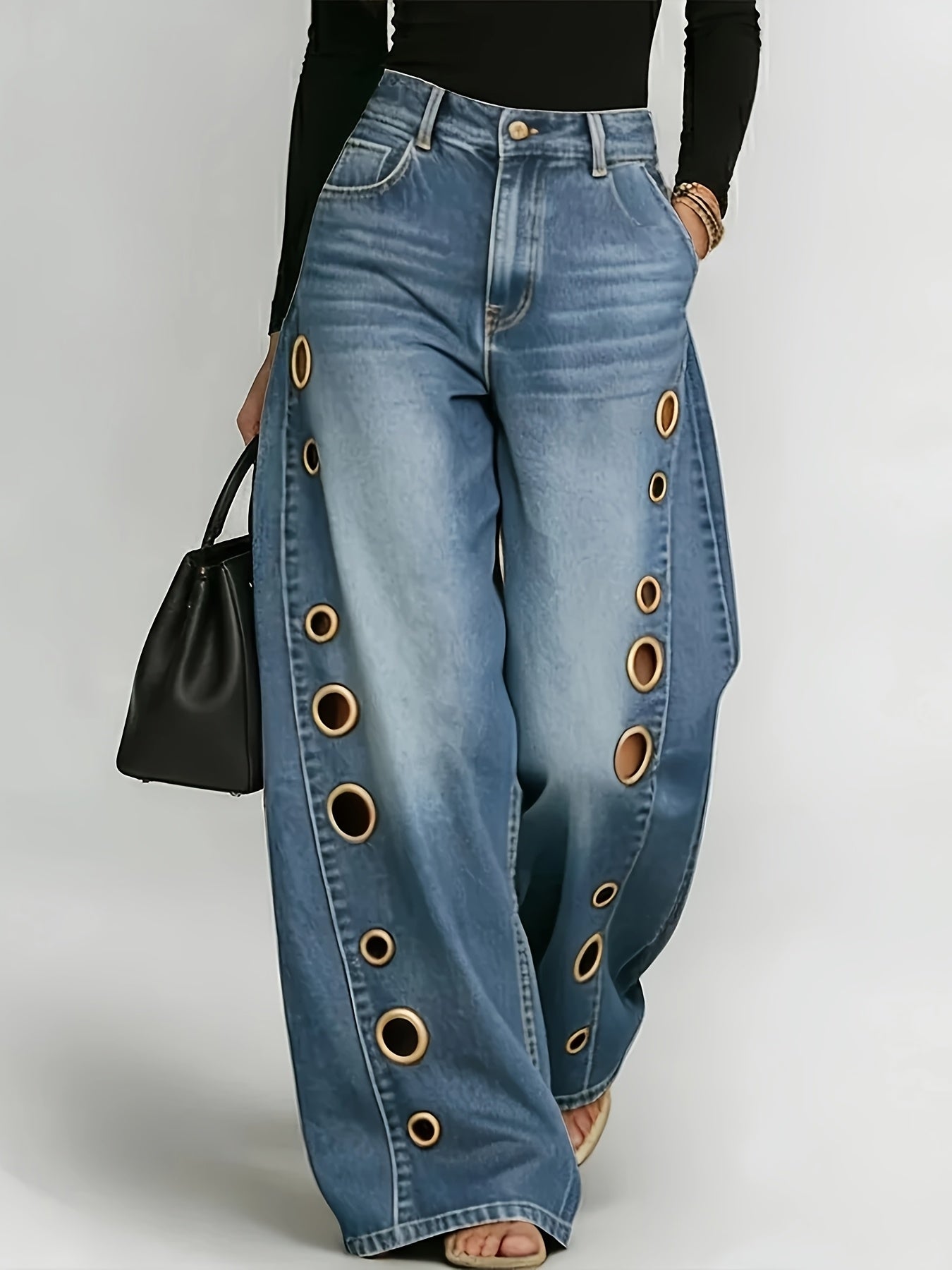 Women's High-Waist Wide Leg Jeans - Black detail view