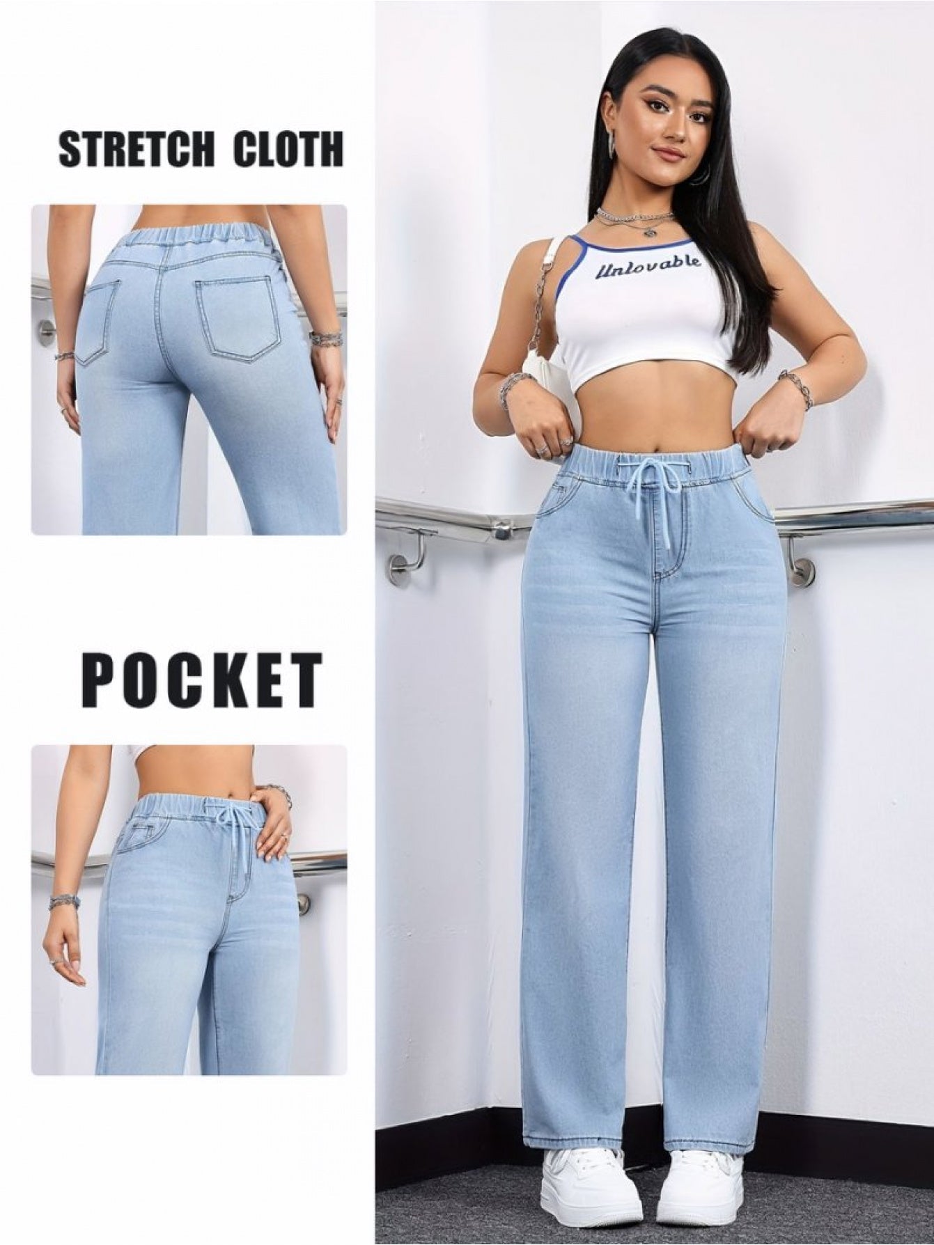 Women's High-Waist Wide Leg Jeans - Blue detail view
