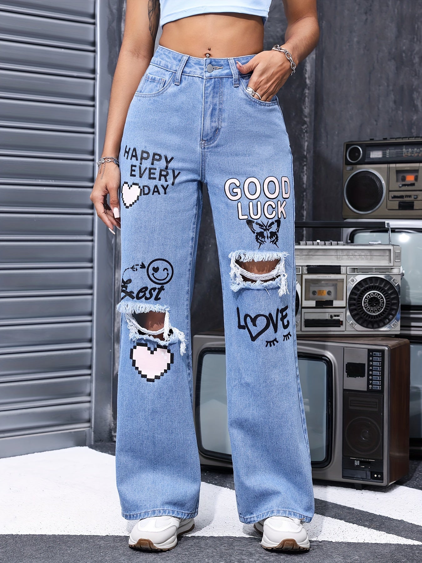 Women's High-Waist Wide Leg Jeans - Blue Distressed – Blue option – main product image