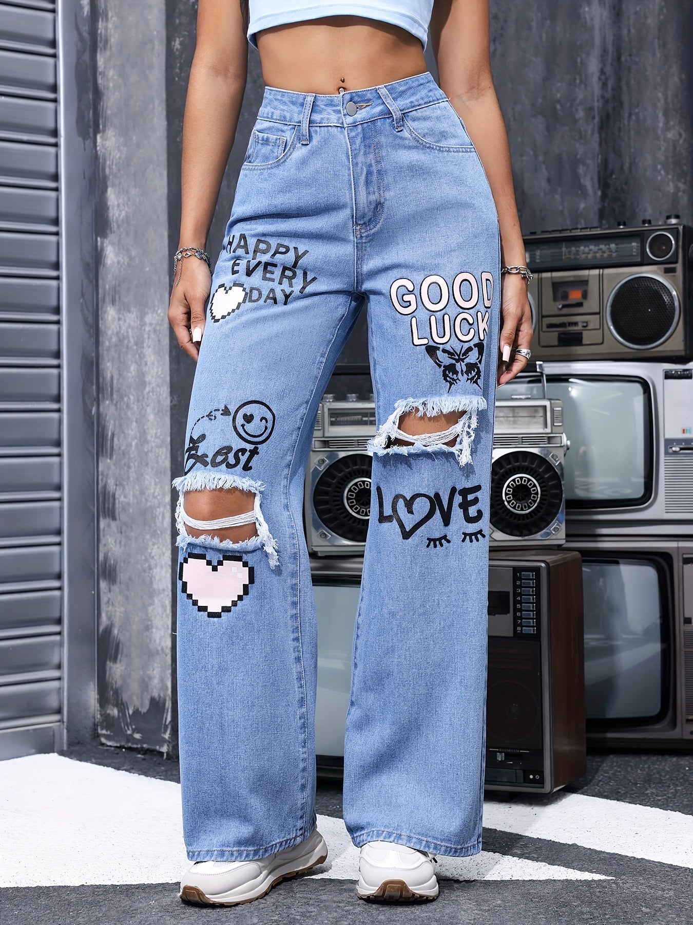 Women's High-Waist Wide Leg Jeans - Blue Distressed detail view