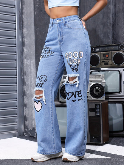 Women's High-Waist Wide Leg Jeans - Blue Distressed detail view