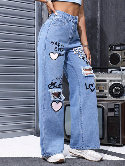 Women's High-Waist Wide Leg Jeans - Blue Distressed detail view