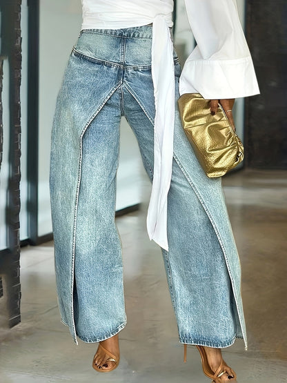 Women's High-Waist Wide Leg Jeans - Blue Vintage Wash Stretch detail view