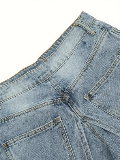 Women's High-Waist Wide Leg Jeans - Blue Vintage Wash Stretch detail view