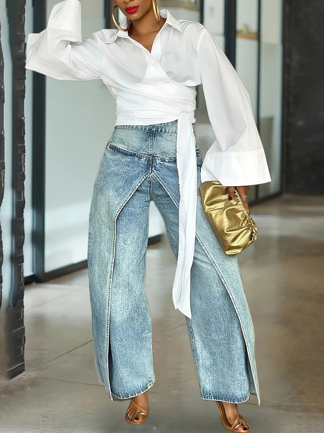 Women's High-Waist Wide Leg Jeans - Blue Vintage Wash Stretch detail view