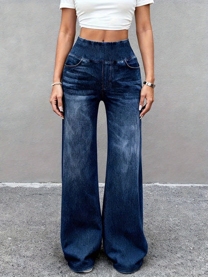 Women's High-Waist Wide Leg Jeans - Dark Blue – Blue option – main product image