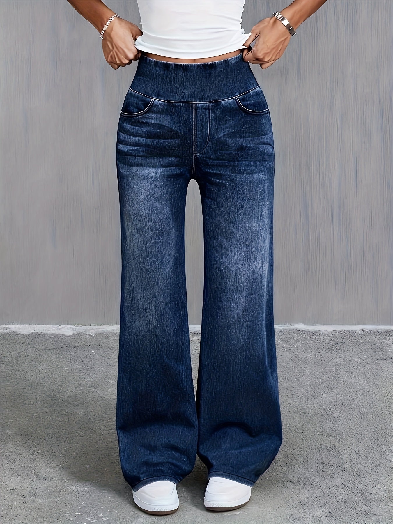 Women's High-Waist Wide Leg Jeans - Dark Blue detail view