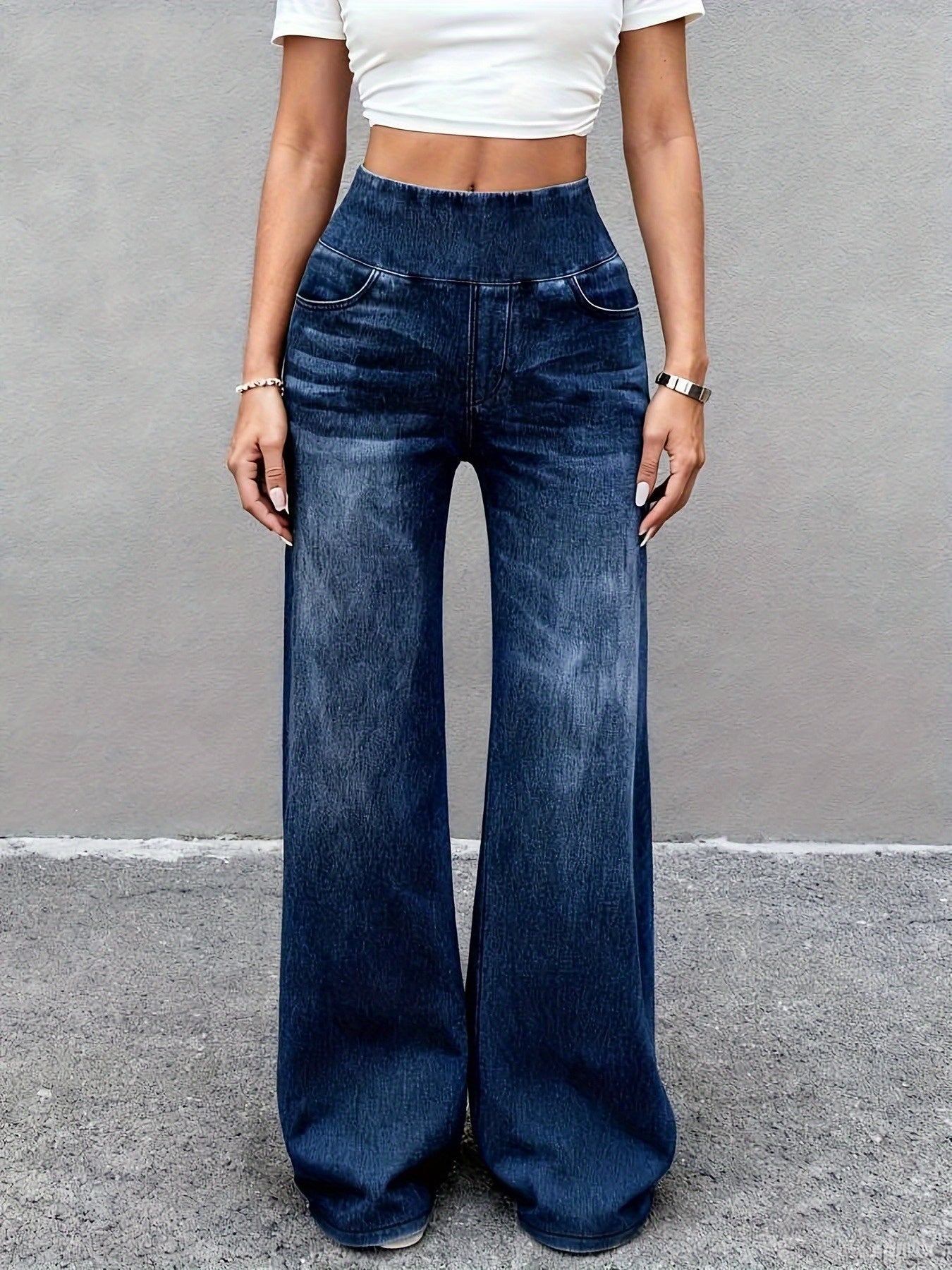 Women's High-Waist Wide Leg Jeans - Dark Blue detail view