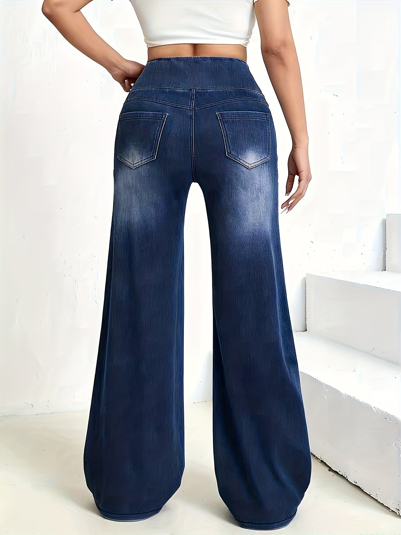 Women's High-Waist Wide Leg Jeans - Dark Blue detail view
