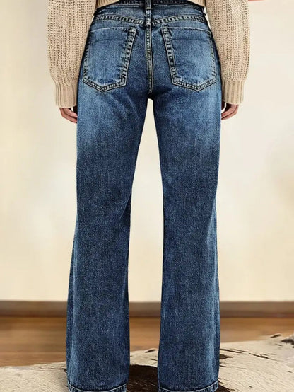 Women's High-Waist Wide Leg Jeans - Dark Blue Streetwear detail view