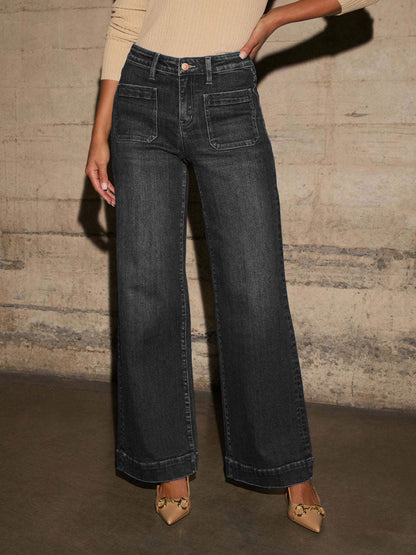 Women's High-Waist Wide Leg Jeans - Dark Blue Vintage Wash Pocket Detail – Blue option – view 2