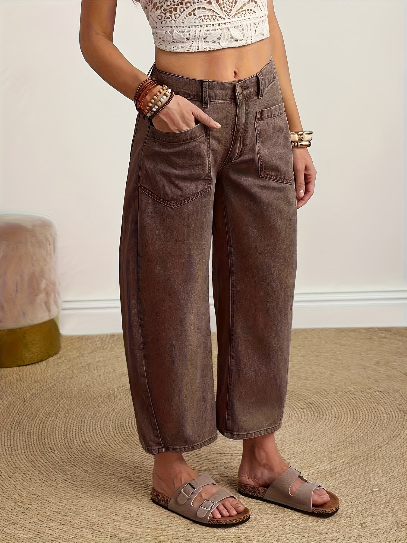 Women's High-Waist Wide Leg Jeans - Dark Brown Vintage Wash detail view