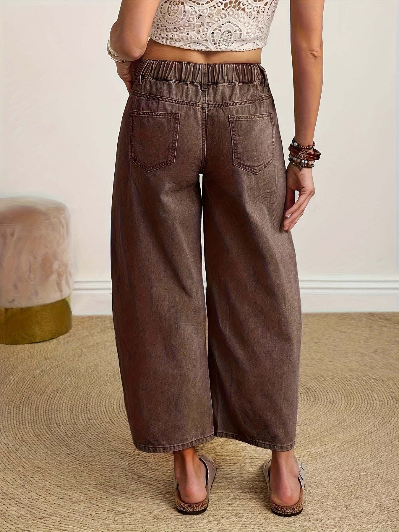 Women's High-Waist Wide Leg Jeans - Dark Brown Vintage Wash detail view