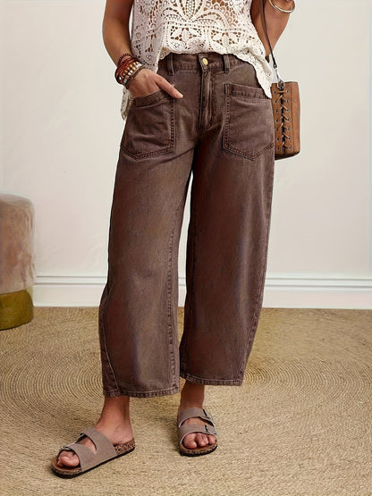 Women's High-Waist Wide Leg Jeans - Dark Brown Vintage Wash detail view