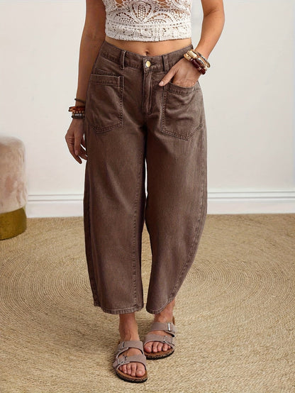 Women's High-Waist Wide Leg Jeans - Dark Brown Vintage Wash detail view