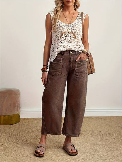 Women's High-Waist Wide Leg Jeans - Dark Brown Vintage Wash detail view