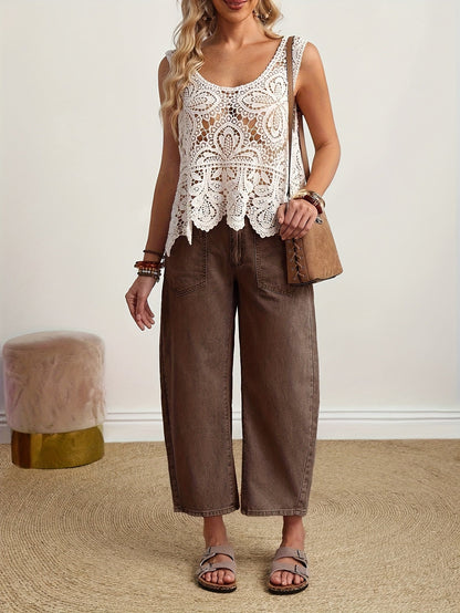 Women's High-Waist Wide Leg Jeans - Dark Brown Vintage Wash detail view