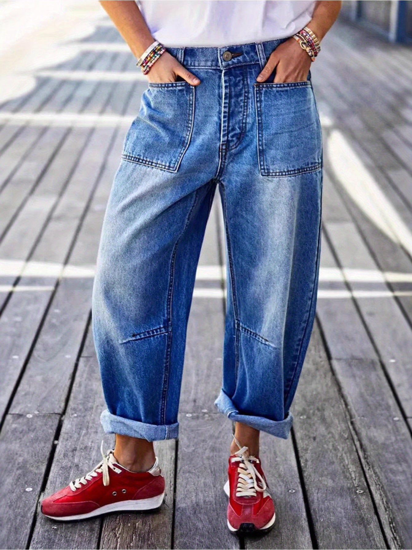 Women's High-Waist Wide Leg Jeans - Denim Blue Vintage Wash Patchwork – Blue option – main product image