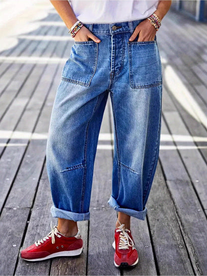 Women's High-Waist Wide Leg Jeans - Denim Blue Vintage Wash Patchwork – Blue option – main product image