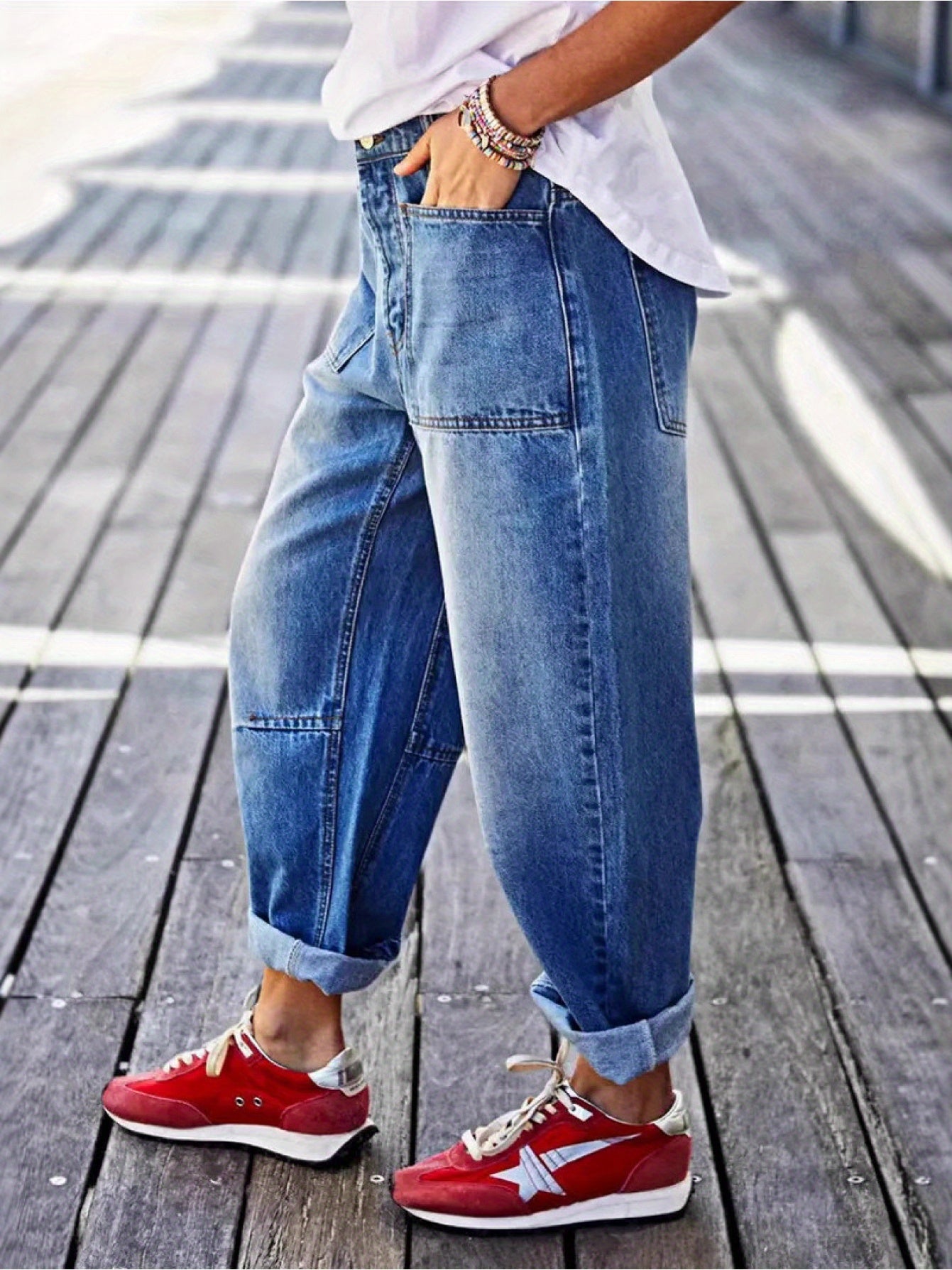 Women's High-Waist Wide Leg Jeans - Denim Blue Vintage Wash Patchwork detail view
