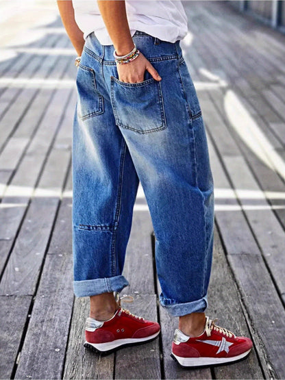 Women's High-Waist Wide Leg Jeans - Denim Blue Vintage Wash Patchwork detail view
