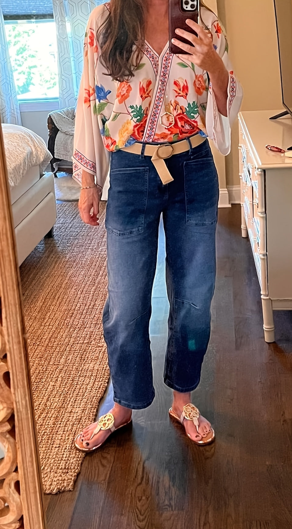 Women's High-Waist Wide Leg Jeans - Denim Blue Vintage Wash Patchwork detail view