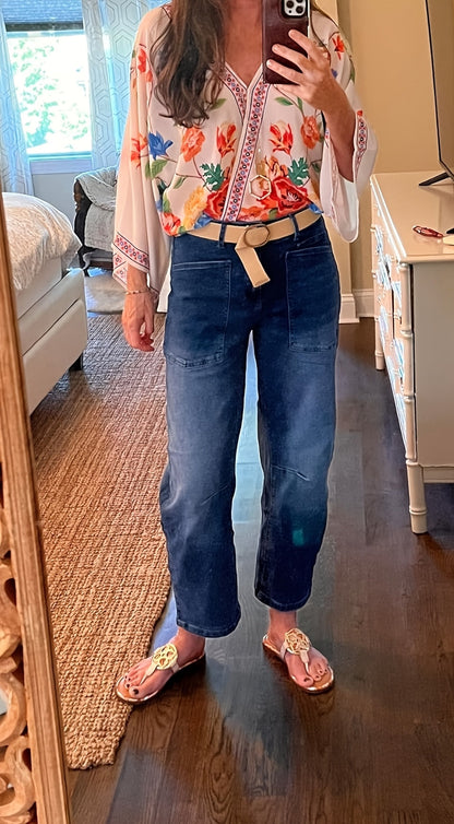 Women's High-Waist Wide Leg Jeans - Denim Blue Vintage Wash Patchwork detail view