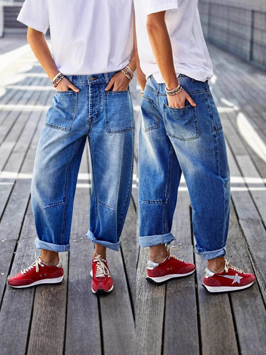 Women's High-Waist Wide Leg Jeans - Denim Blue Vintage Wash Patchwork detail view
