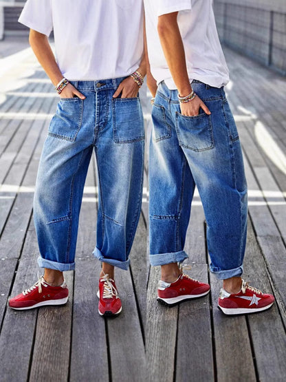 Women's High-Waist Wide Leg Jeans - Denim Blue Vintage Wash Patchwork detail view