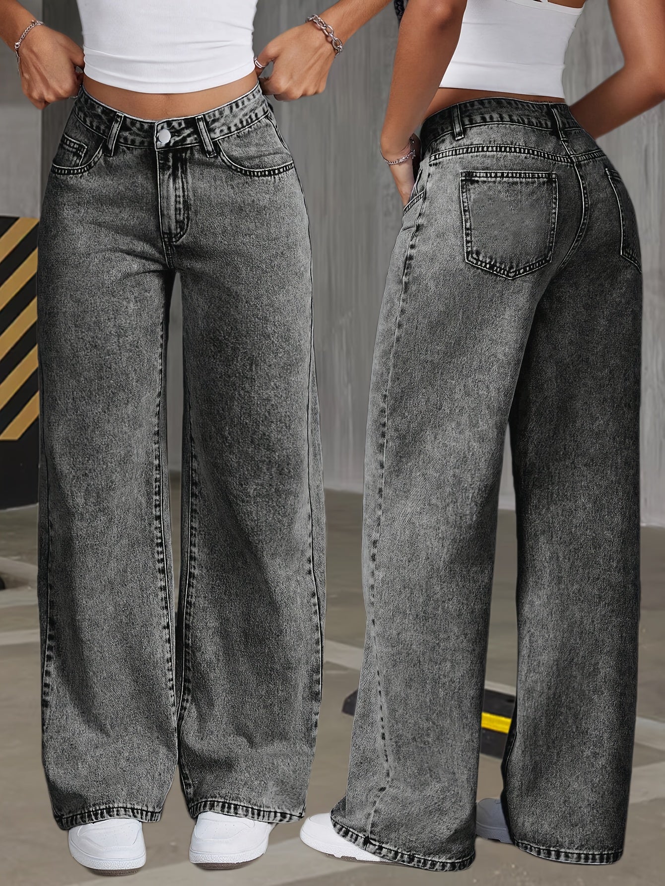 Women's High-Waist Wide Leg Jeans - Grey Button Detail – Grey option – main product image