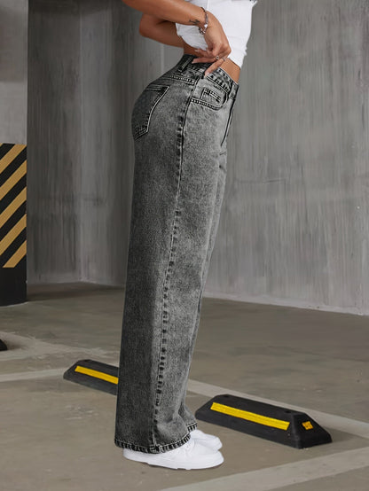 Women's High-Waist Wide Leg Jeans - Grey Button Detail detail view